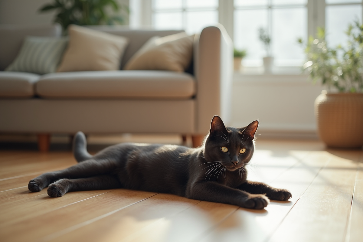 Chat noir et blanc étiré sur un sol en bois clair