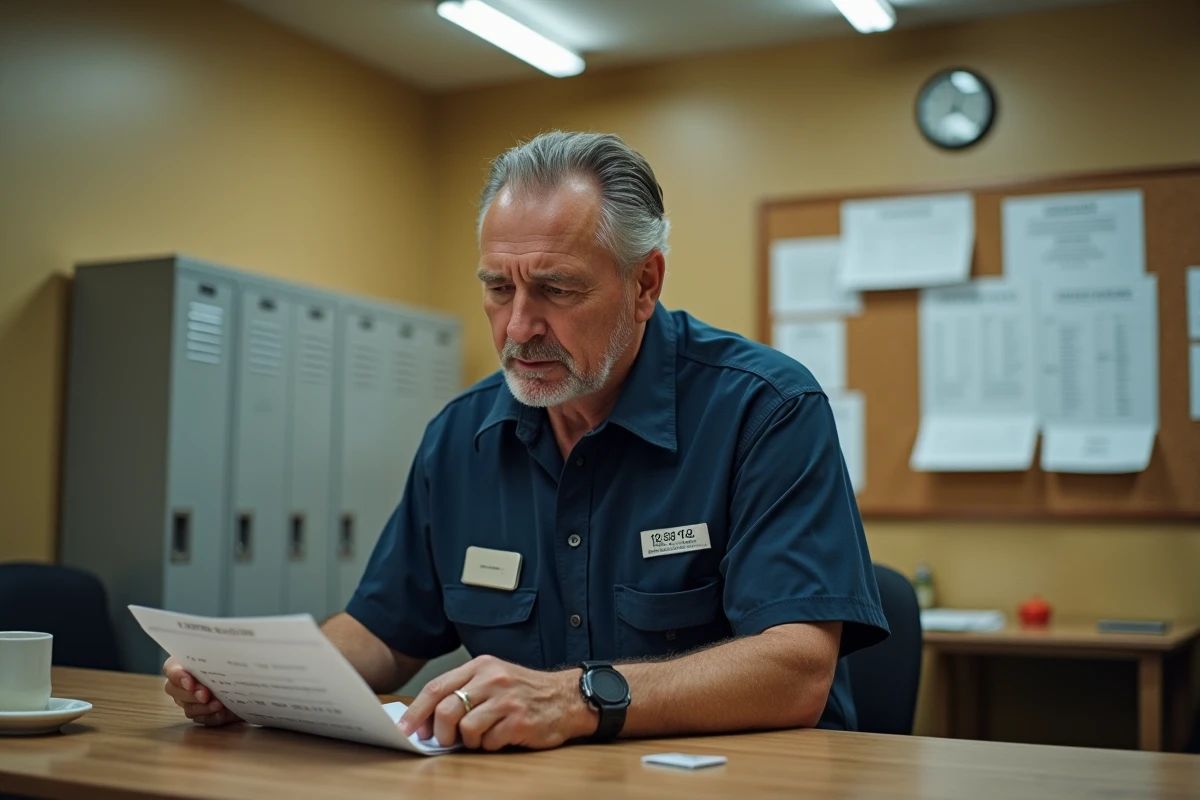 Chauffeur de bus consultant un planning de rotations semaine paire impaire affiché dans une salle de repos de dépôt de transport