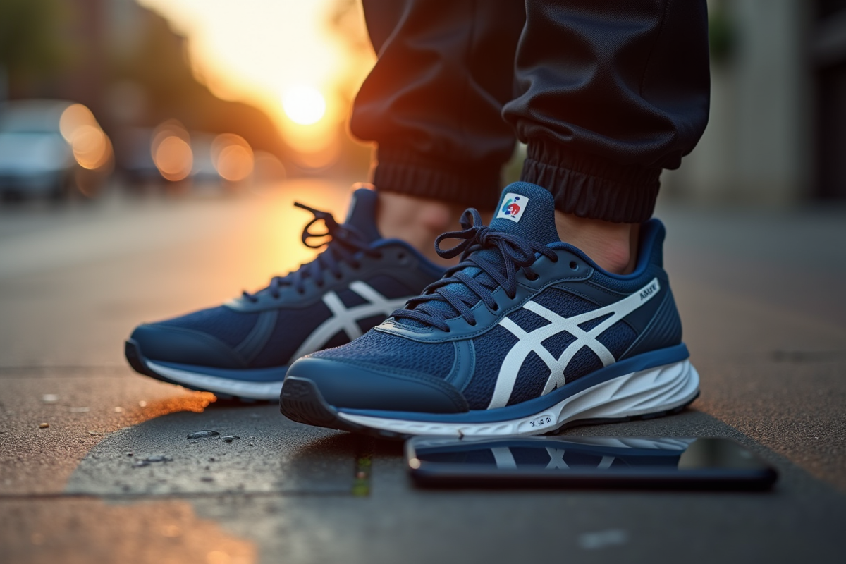 Chaussures de sport sur trottoir avec application de pas