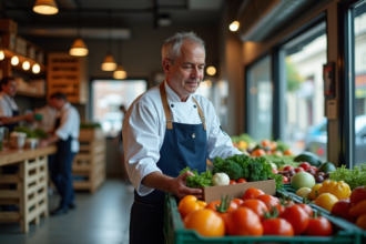Chef inspectant un panier de légumes frais en cuisine