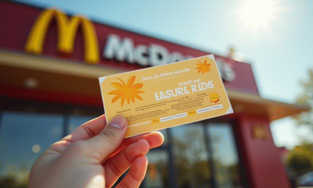 Chèque vacances devant un restaurant McDonald's en journée