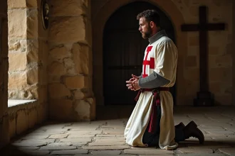 Chevalier templier en prière agenouillé dans une chapelle médiévale en pierre, portant la croix rouge sur surcoat blanc