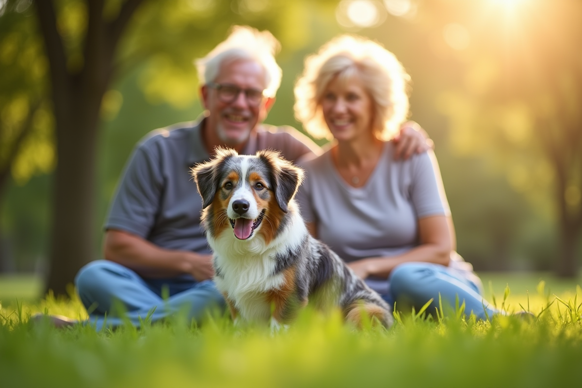 Chien australian shepherd assis avec couple dans parc verdoyant