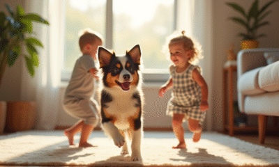 Chiot australian shepherd jouant avec enfants dans salon lumineux