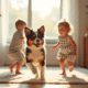 Chiot australian shepherd jouant avec enfants dans salon lumineux