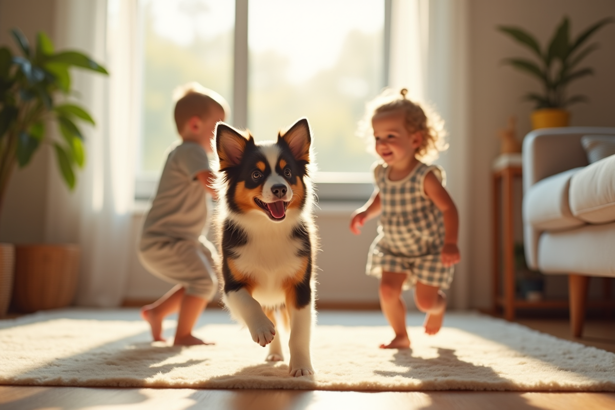 Chiot australian shepherd jouant avec enfants dans salon lumineux