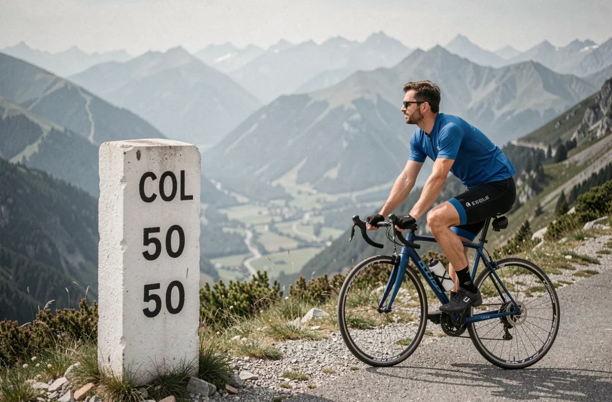 Cycliste au sommet d'un col mythique français avec borne kilométrique et panorama de vallée alpine