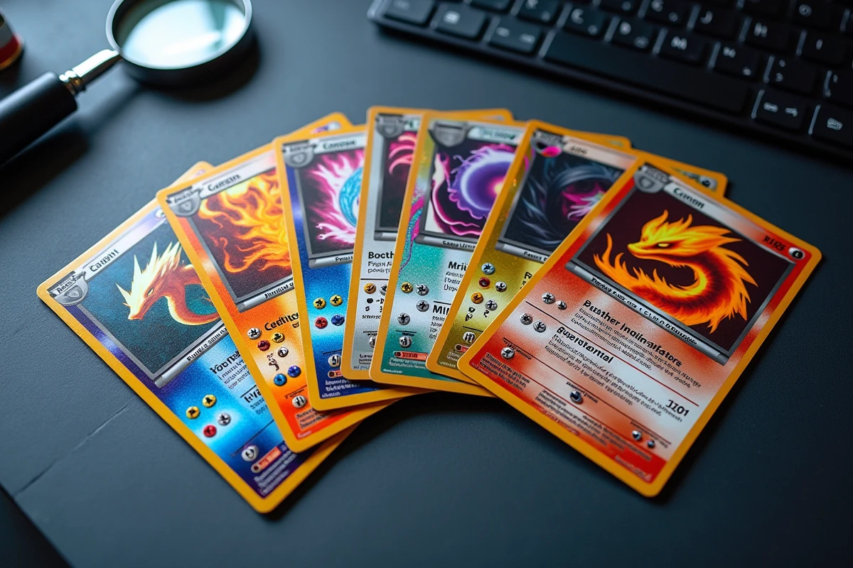 Collection de cartes Pokémon rares holographiques de la série Flammes Fantasmagoriques étalées en éventail sur une surface sombre