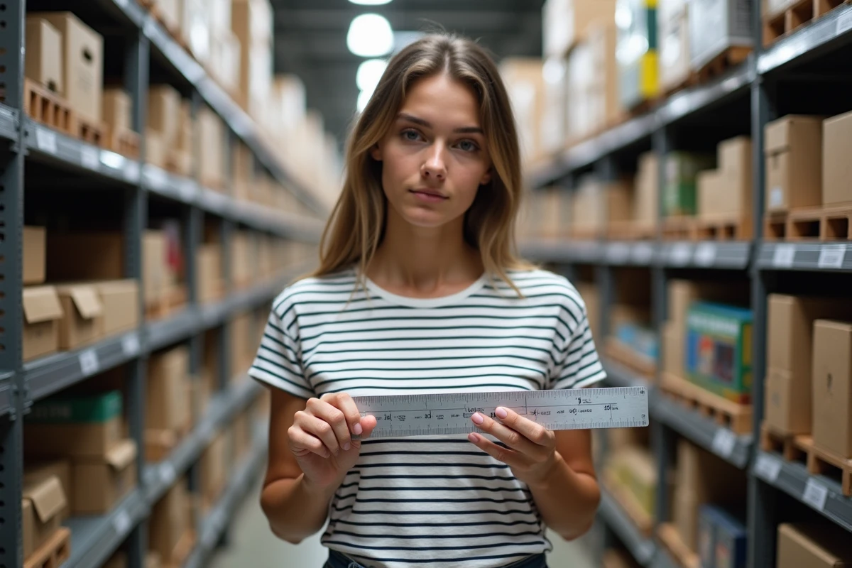 Jeune femme dans un magasin de bricolage comparant des dimensions en centimètres et en pouces sur une règle pliante et une étiquette produit