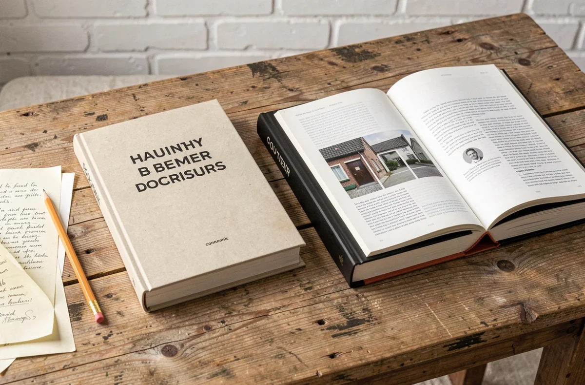 Comparaison entre un livre broché et un livre relié posés sur une table en bois avec des notes manuscrites dans un studio éditorial