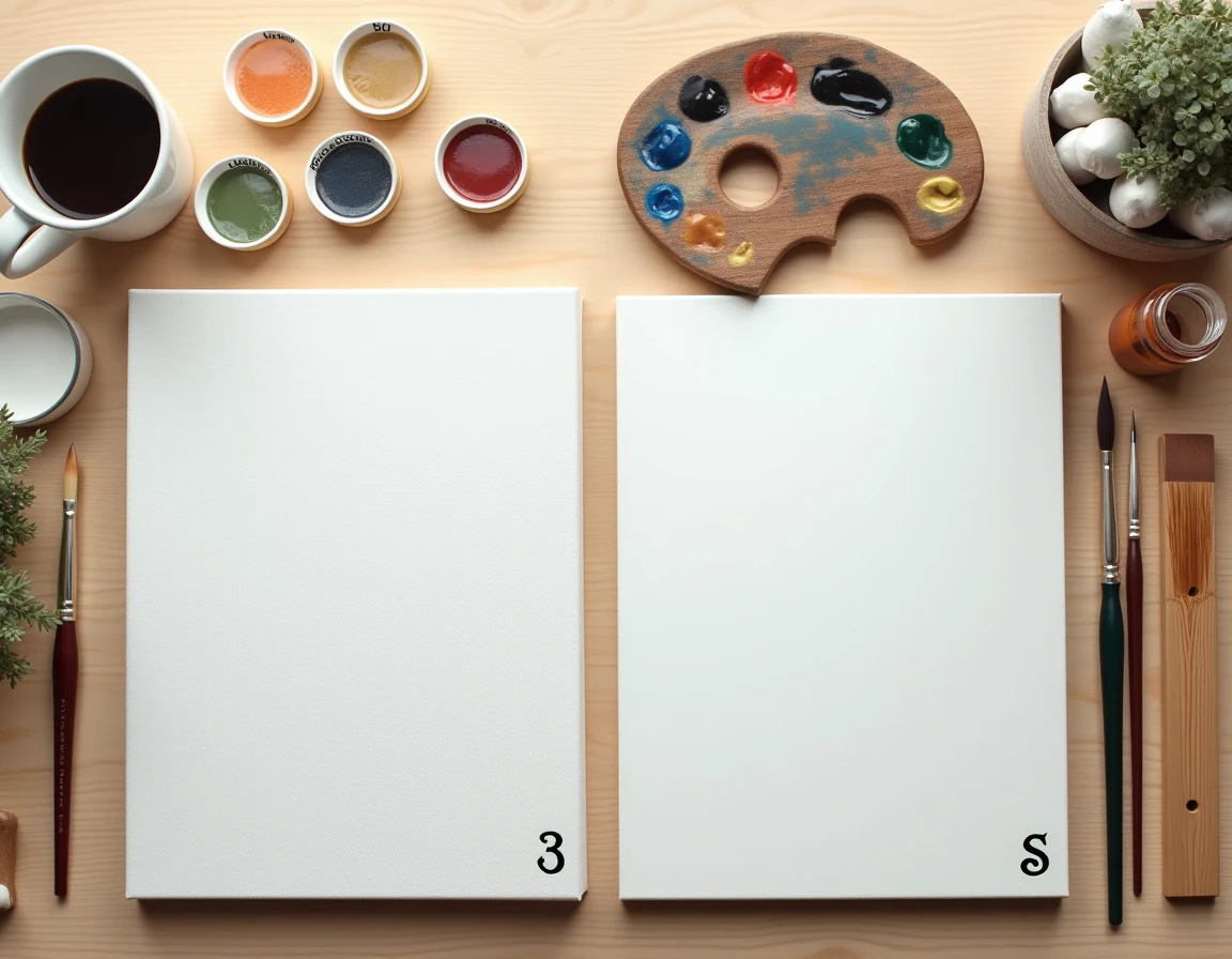 Vue aérienne comparant un kit Paint by Numbers et un matériel de peinture classique côte à côte sur une table en bois