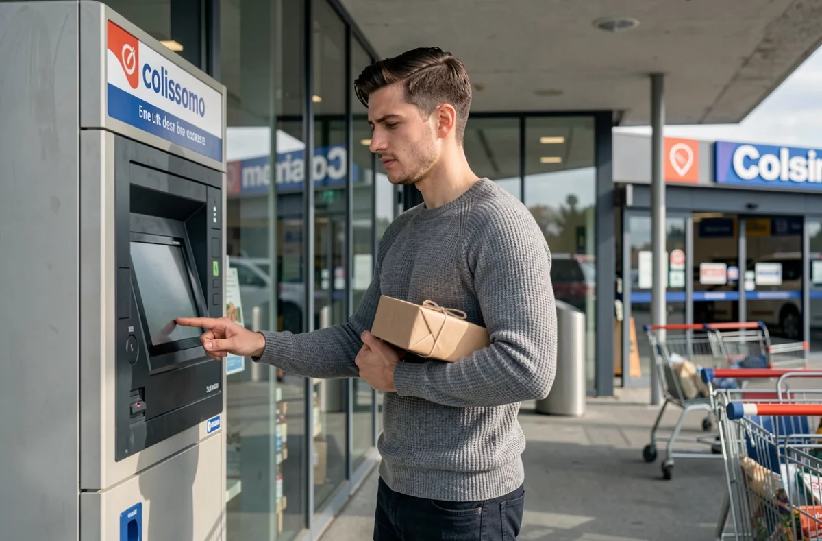 Jeune homme utilisant une consigne automatique Colissimo devant un supermarché le week-end