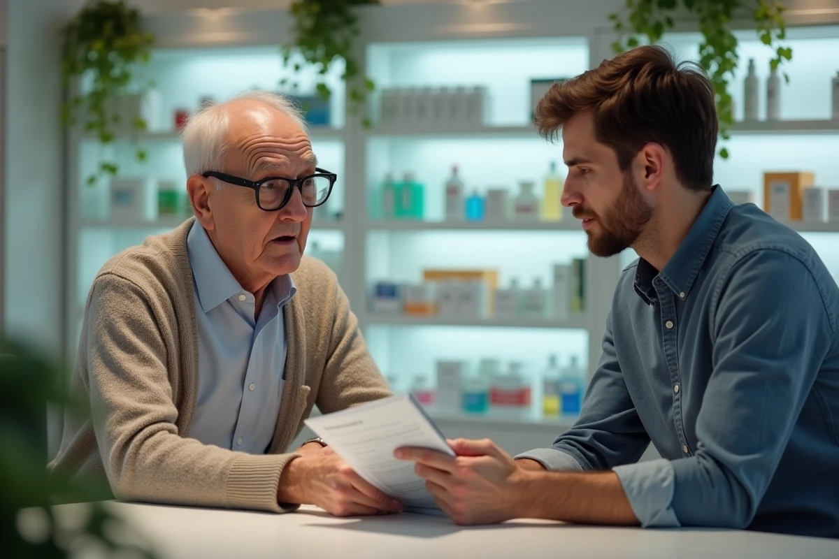 Senior homme en consultation avec un pharmacien dans une pharmacie