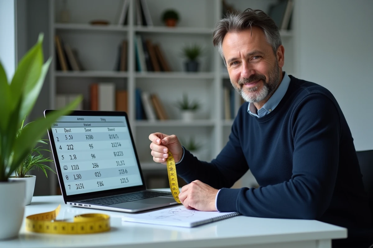 Homme consultant un tableau de conversion centimètres en pouces sur un ordinateur portable avec un mètre ruban sur un bureau minimaliste