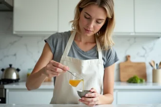 Femme en tablier versant un liquide d'une tasse graduée dans une cuillère à soupe dans une cuisine moderne, illustrant la conversion ml en cuillère