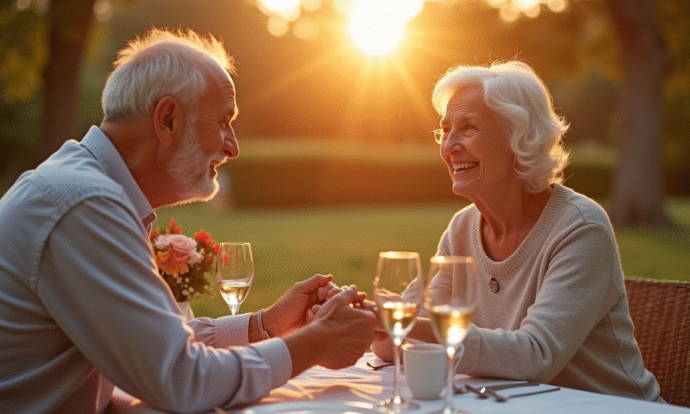 Couple âgé souriant lors d'un dîner en extérieur