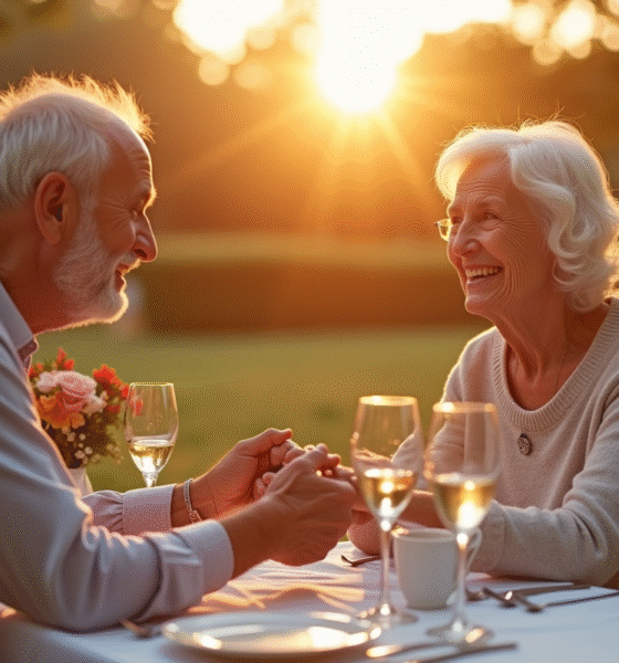 Couple âgé souriant lors d'un dîner en extérieur