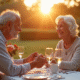 Couple âgé souriant lors d'un dîner en extérieur