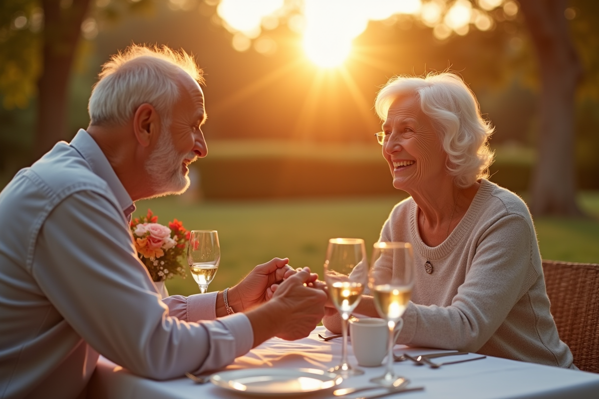 Couple âgé souriant lors d'un dîner en extérieur