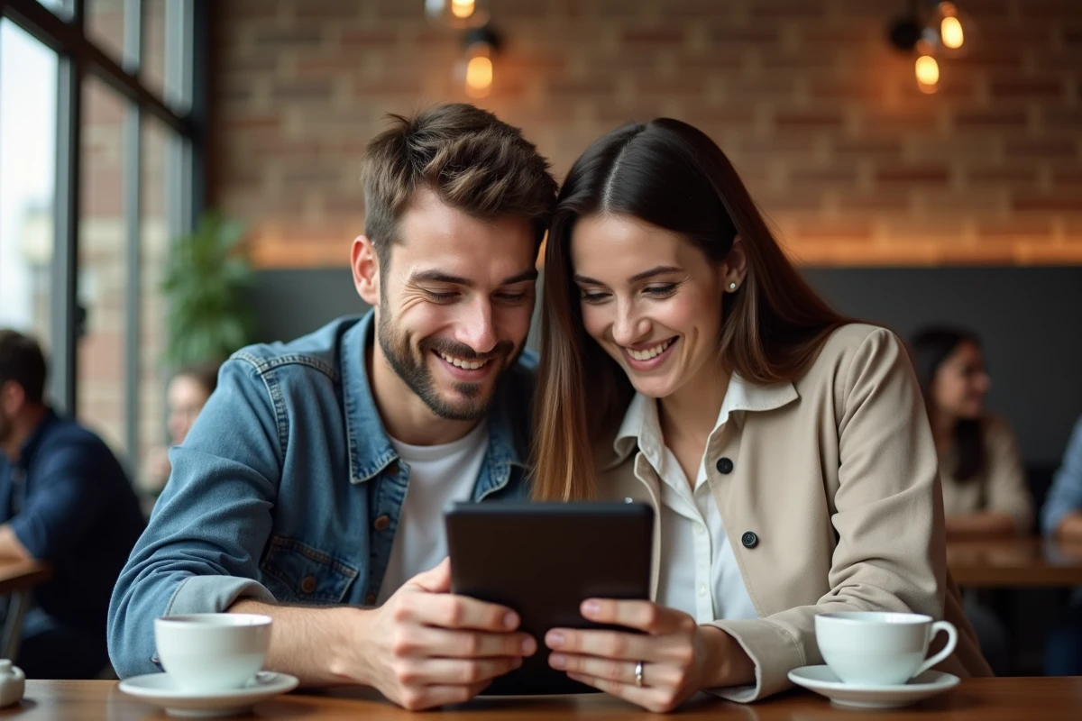 Couple discutant de conseils de sécurité en ligne sur une tablette dans un café convivial