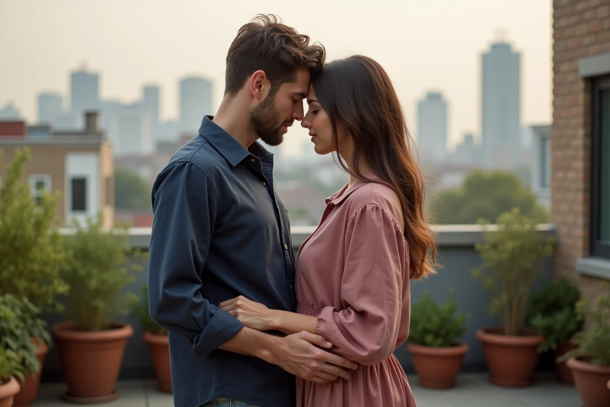 Couple de flammes jumelles se regardant tendrement sur un toit-terrasse urbain, illustrant la connexion profonde et la loi de l'attraction dans une relation spirituelle