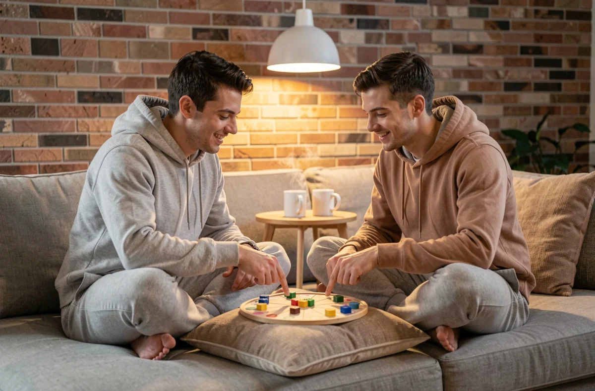 Couple jouant au jeu du demi-cercle sur un canapé dans un appartement moderne et chaleureux