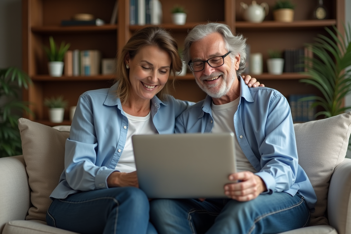 Couple dans leur salon regardant un ordinateur portable