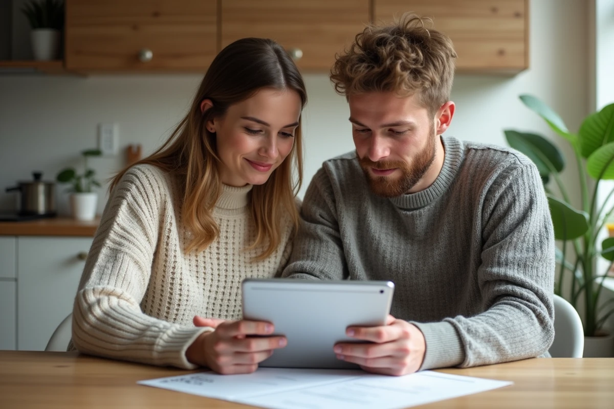 Jeune couple belge discutant sur un tablet à la maison