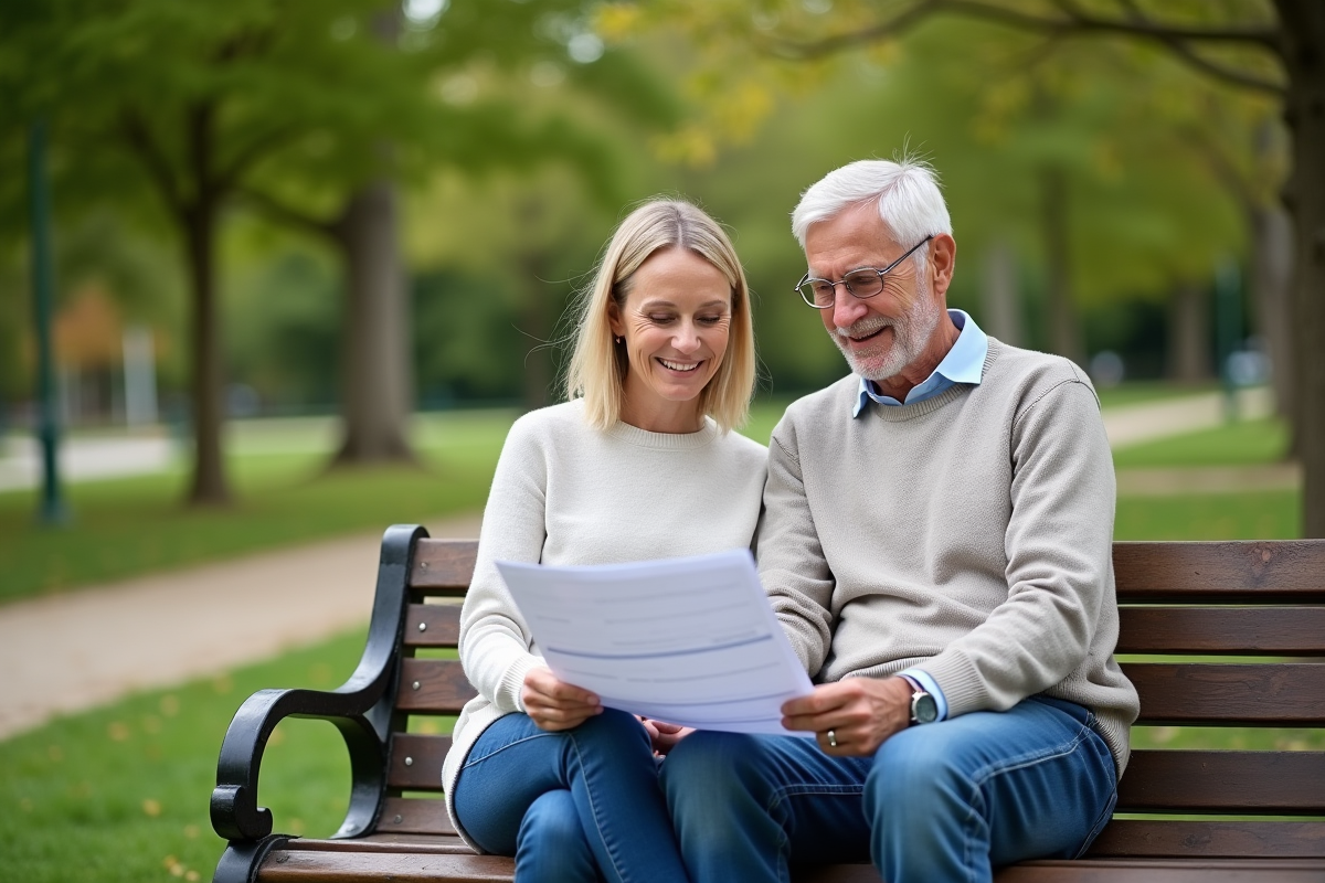 Couple souriant sur un banc dans un parc verdoyant
