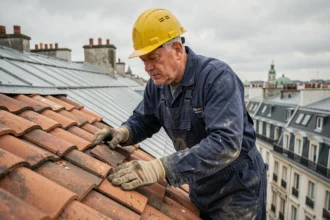 Couvreur professionnel posant des tuiles en terre cuite sur un toit parisien de style haussmannien, vue des toits gris de Paris en arrière-plan