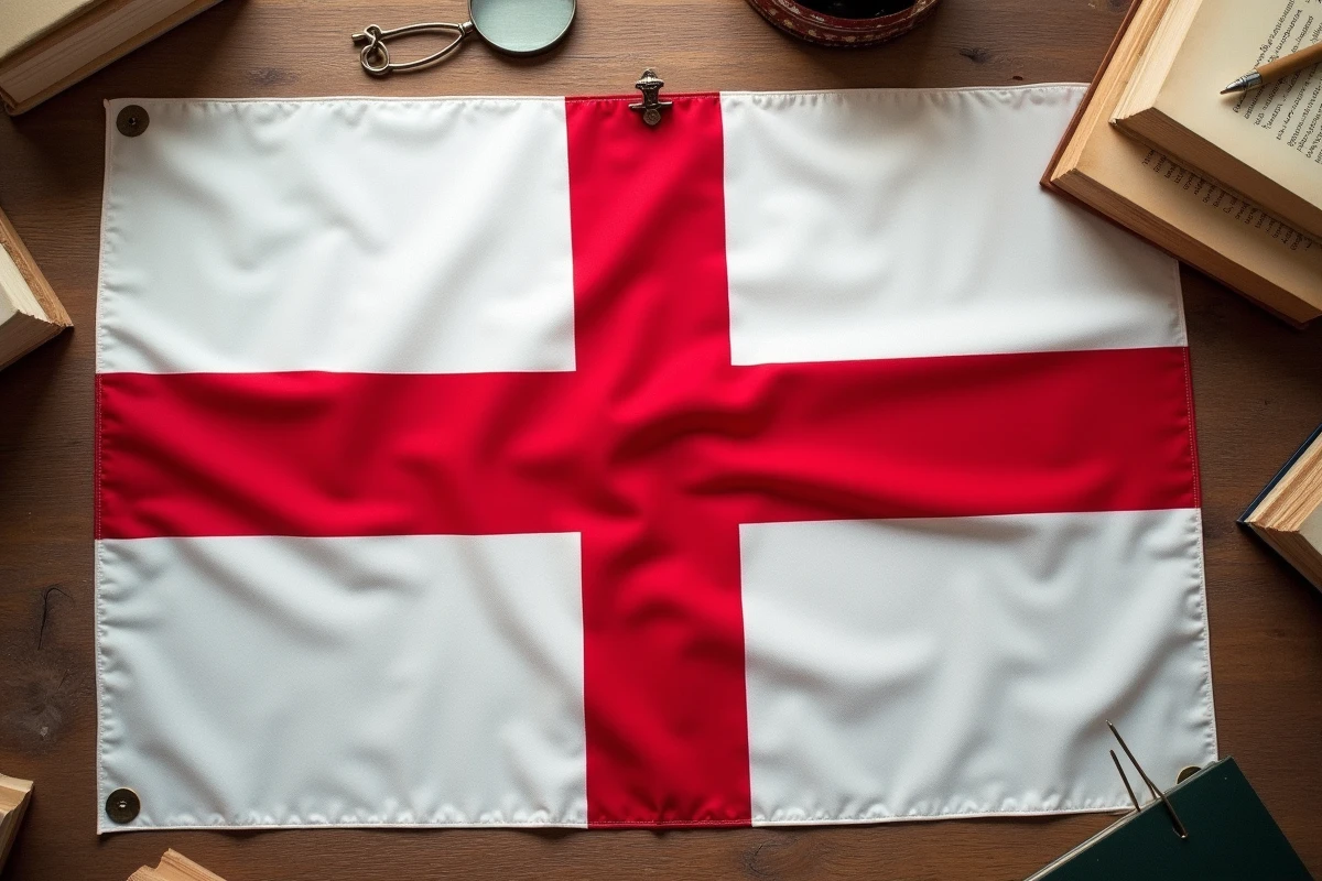 Croix de Saint-Georges posée à plat sur une table en bois avec des livres d'héraldique, drapeau anglais blanc et rouge