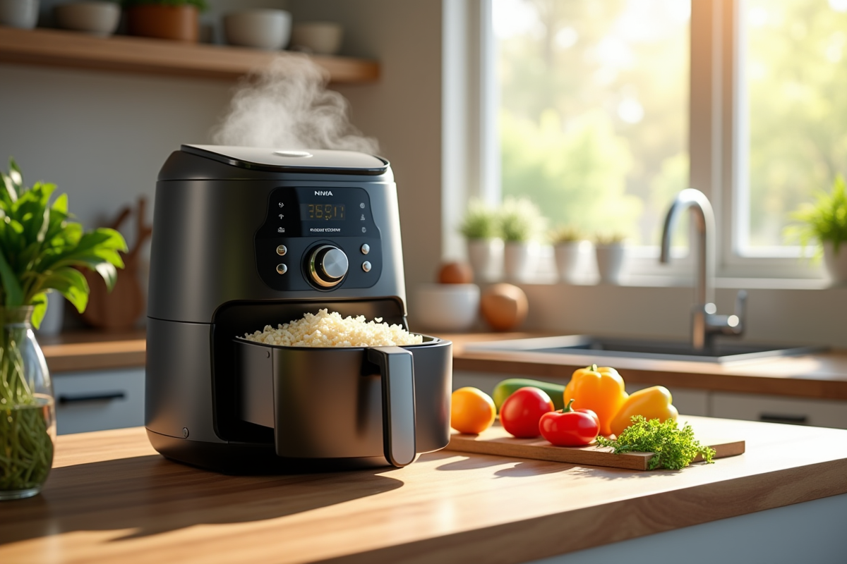Cuisine moderne avec une friteuse Ninja et riz chaud
