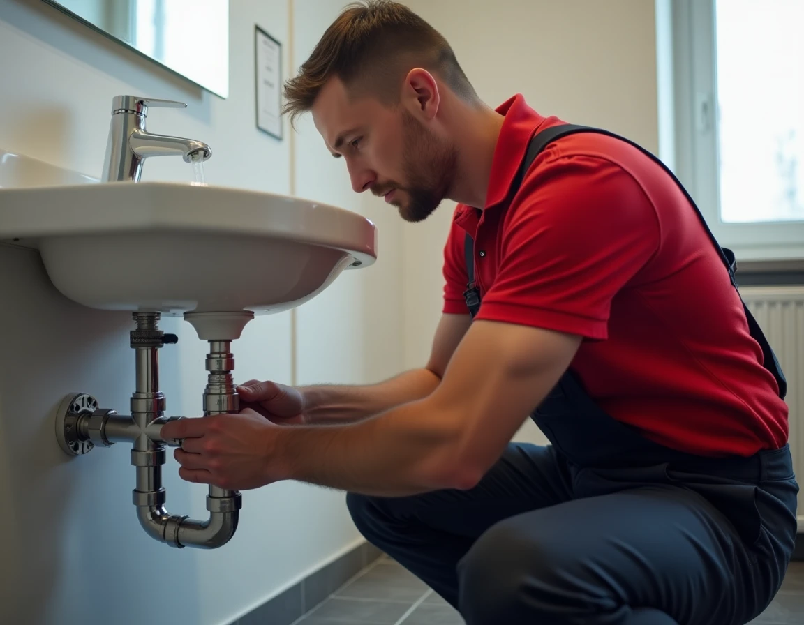 Plombier Dassonville Michael SARL serrant des raccords sous un lavabo dans un appartement moderne