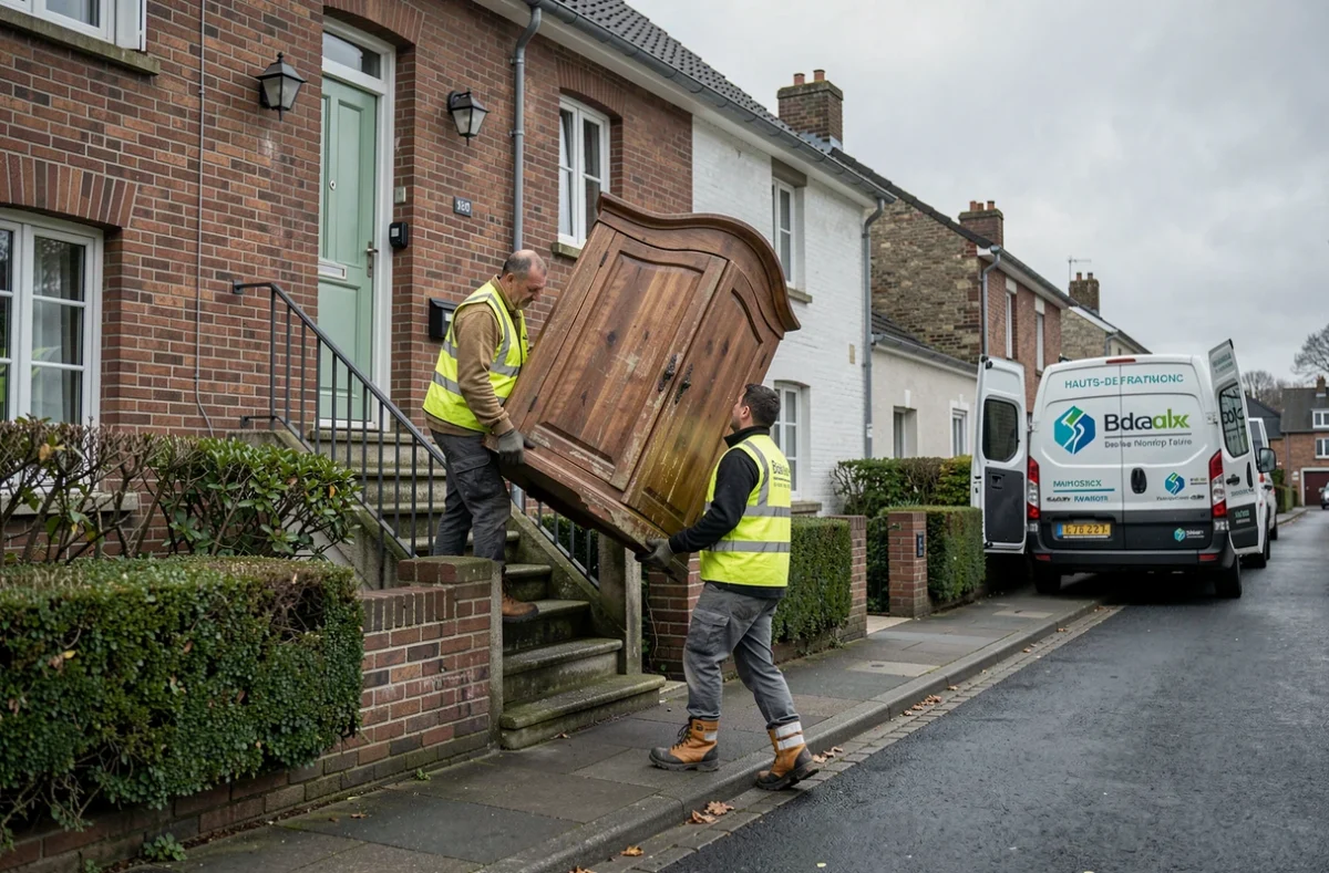 Deux agents de Débarras Hauts de France portant une armoire hors d'une maison en brique dans une rue suburbaine