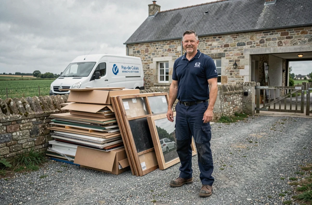Professionnel de Débarras Plus 62 posant devant des meubles évacués dans l'allée d'une maison en pierre du Pas-de-Calais
