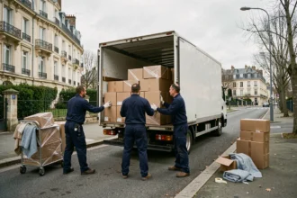 Équipe de déménageurs professionnels chargeant un camion dans une rue résidentielle française