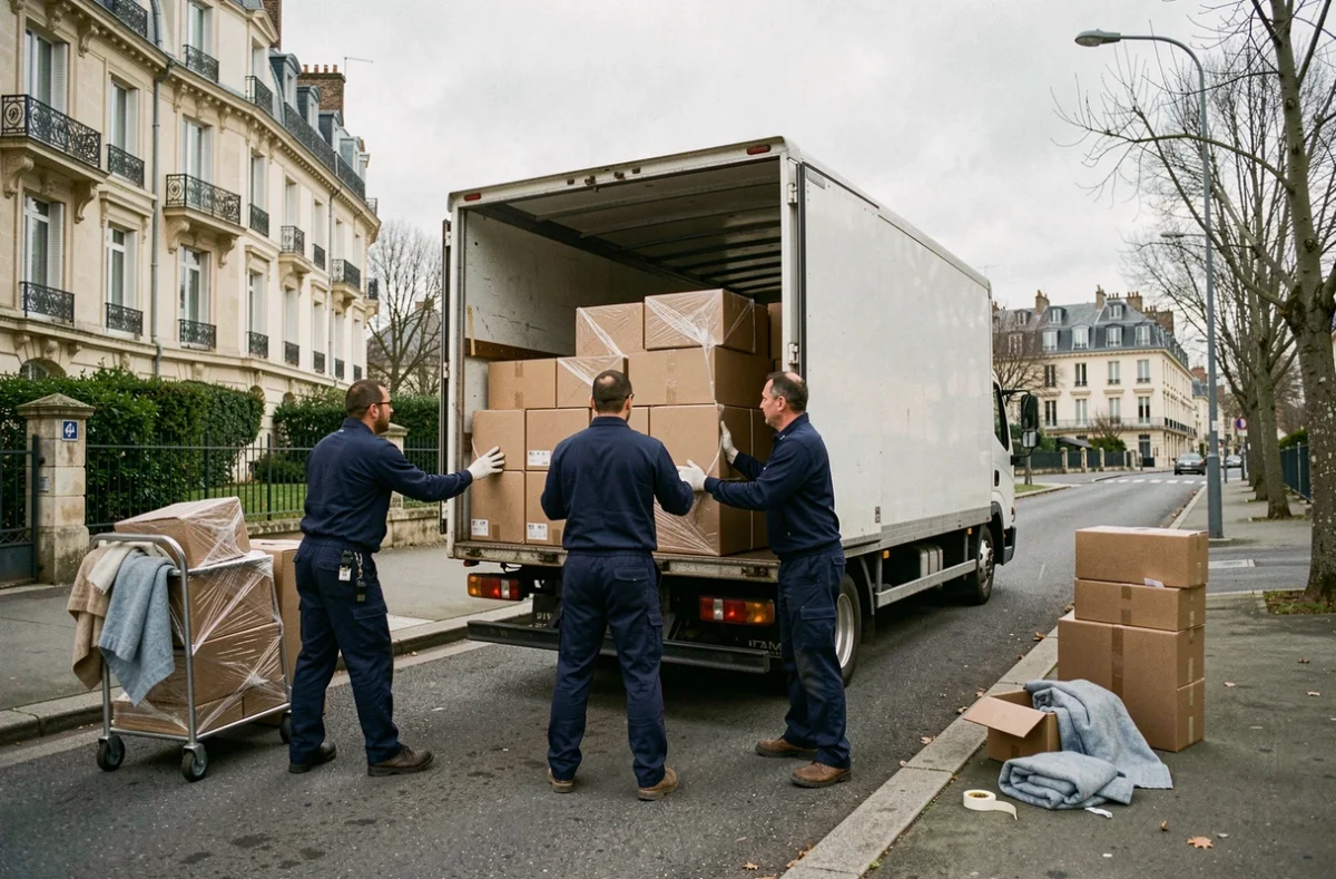 Équipe de déménageurs professionnels chargeant un camion dans une rue résidentielle française