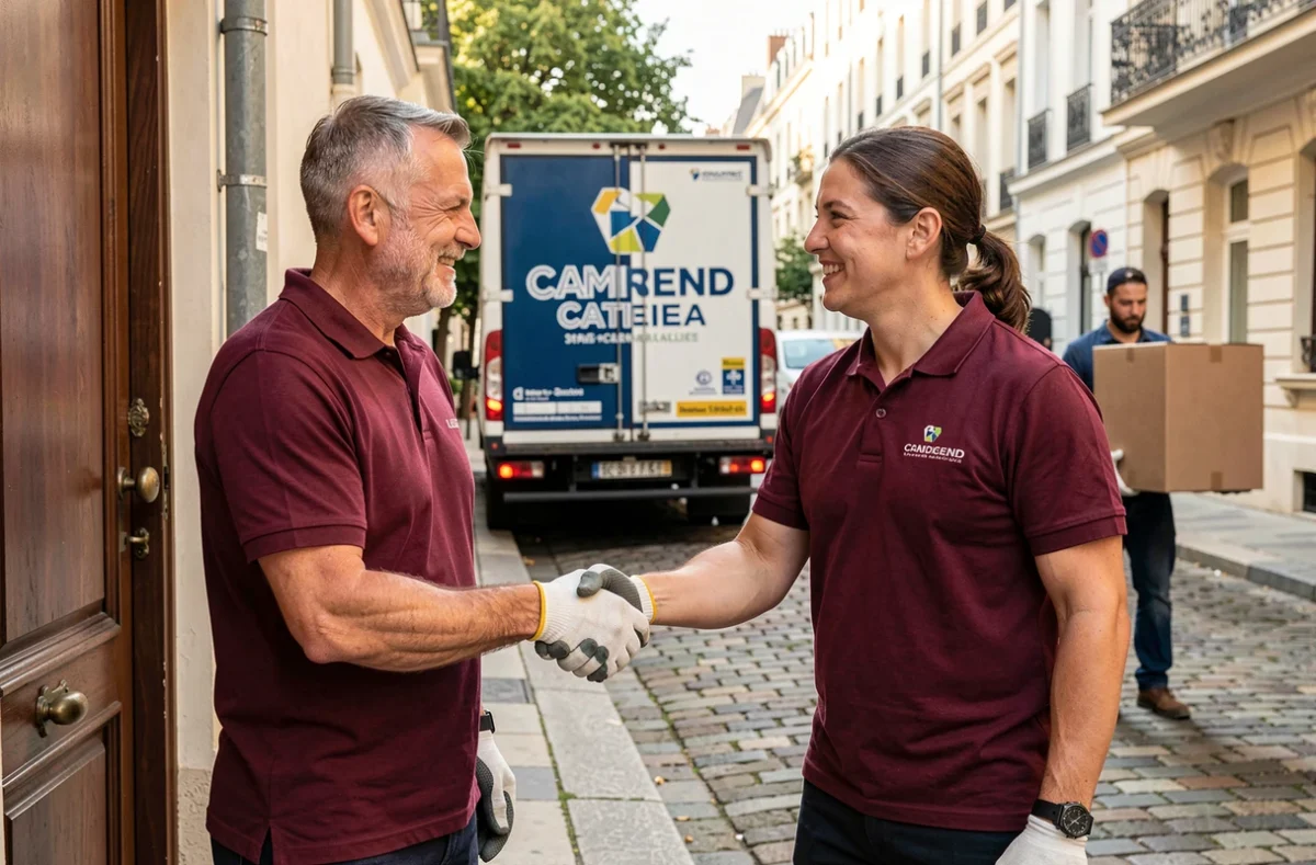 Déménageur Didier Chevrier serrant la main d'une cliente satisfaite devant un immeuble parisien du 13ème