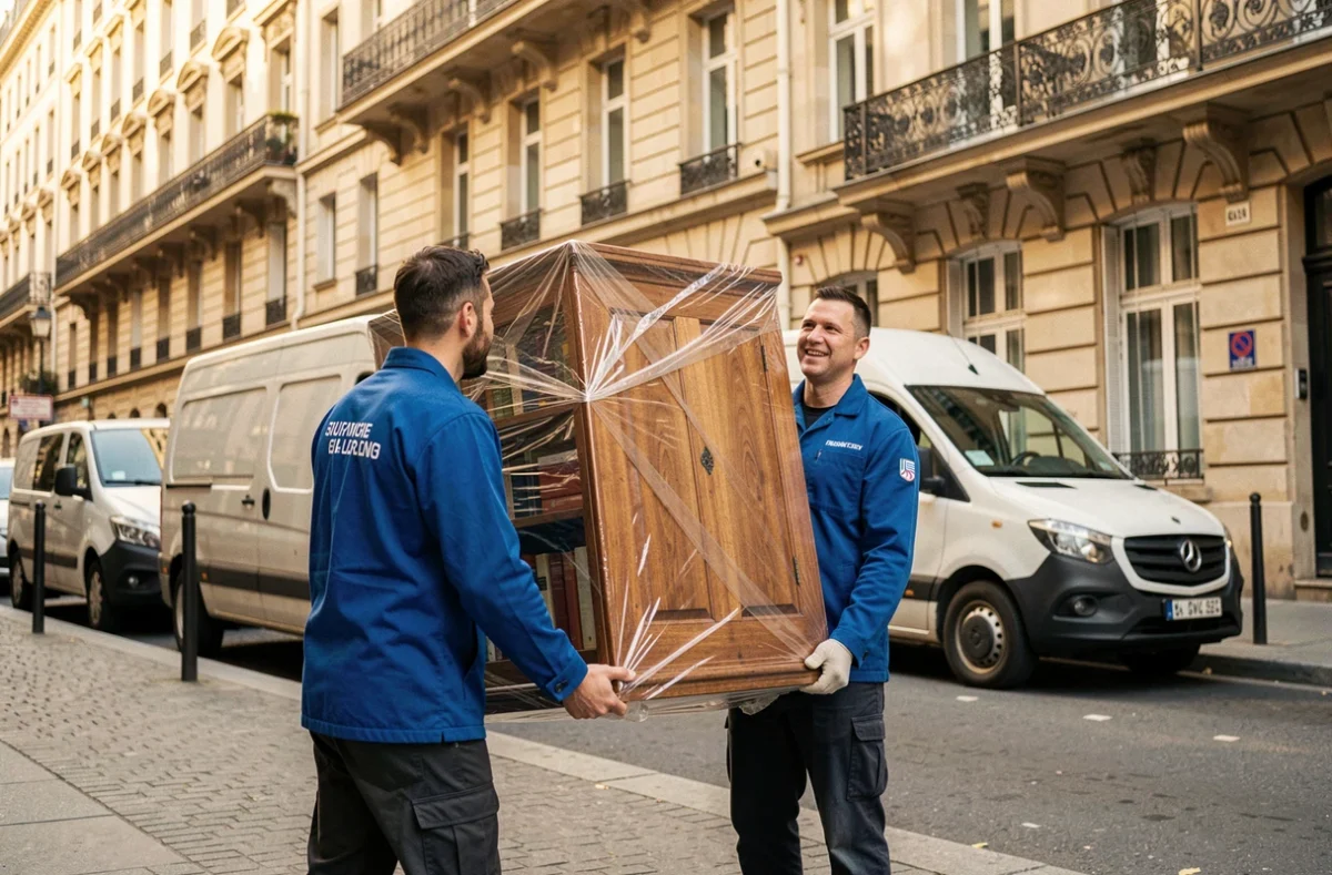 Déménageurs DMD Paris 12ème portant une bibliothèque protégée dans une rue haussmannienne