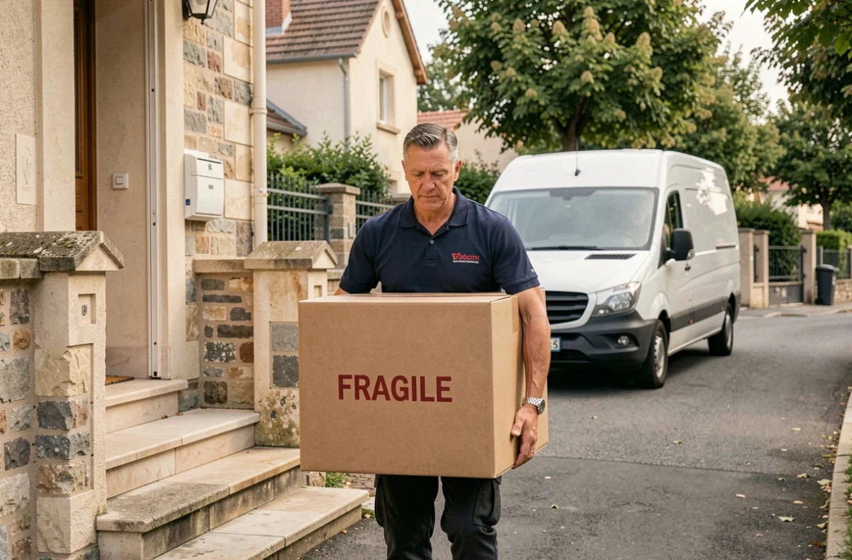 Déménageur de Teillot Vitry portant un carton fragile vers un camion de déménagement