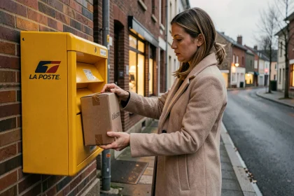 Femme déposant un colis Colissimo dans une boîte jaune La Poste en soirée dans une rue française