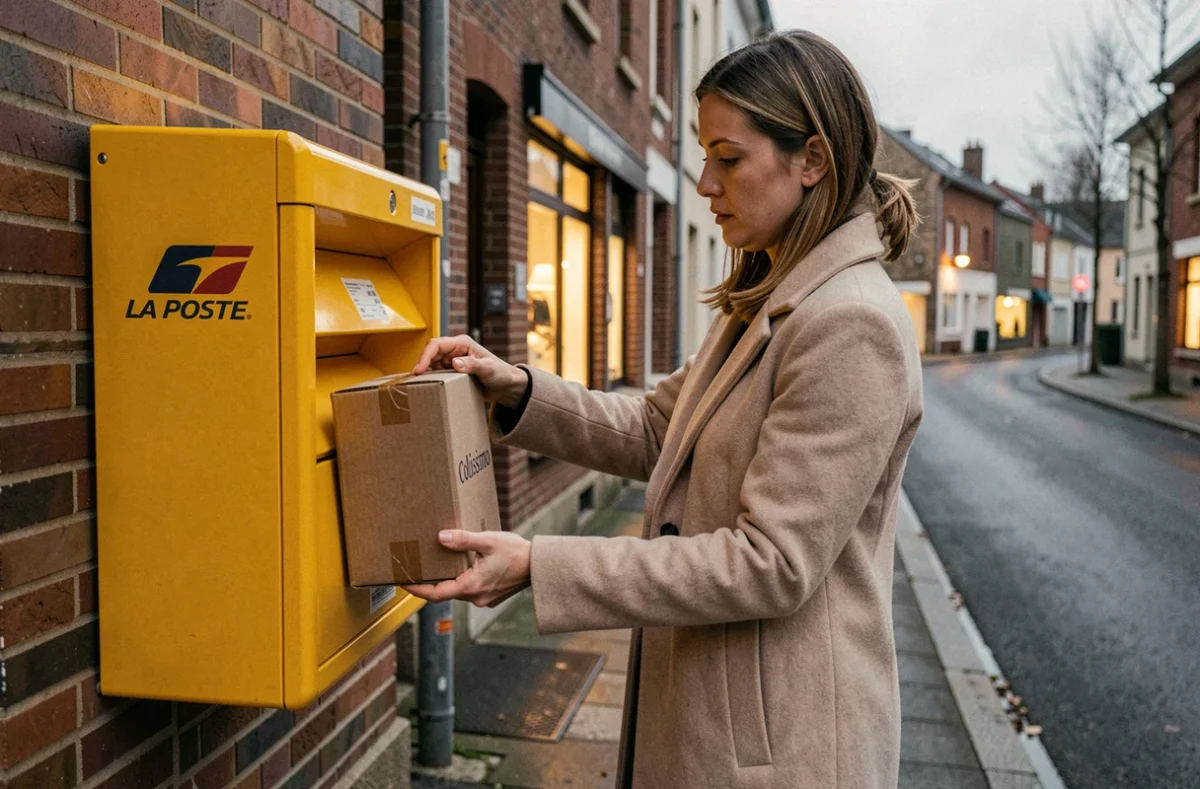 Femme déposant un colis Colissimo dans une boîte jaune La Poste en soirée dans une rue française