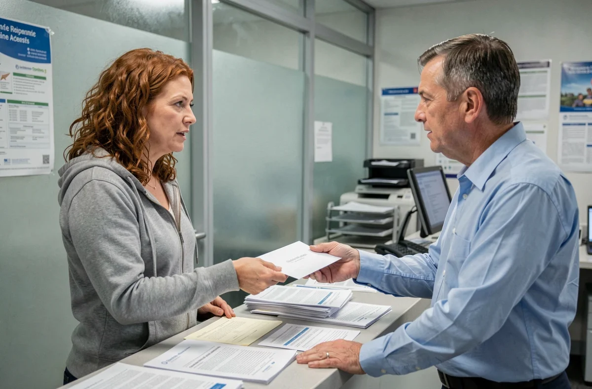 Femme déposant une lettre de recours en main propre au guichet d'un service social administratif