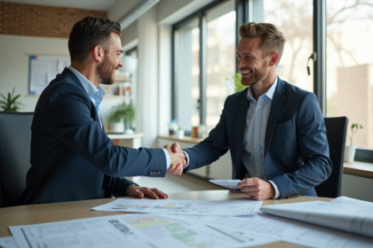 Promoteur immobilier confiant serre la main d un client heureux