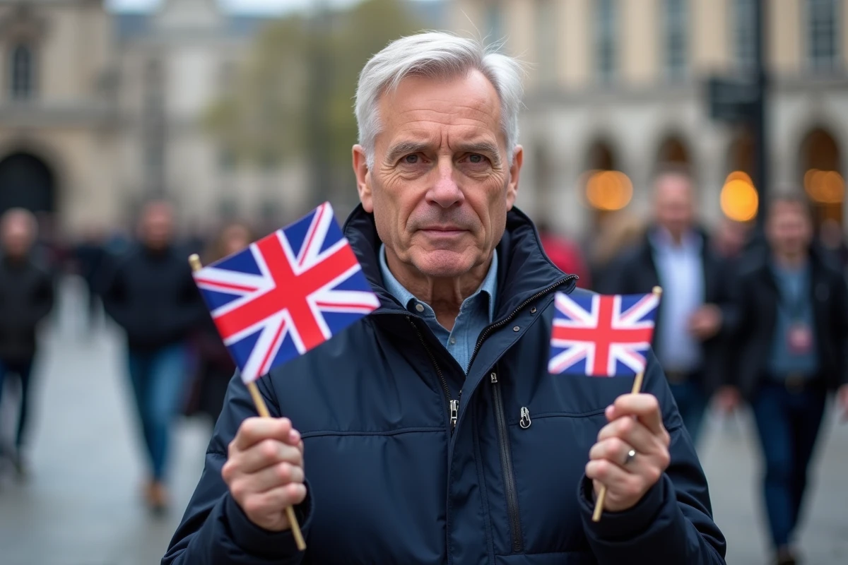 Homme tenant côte à côte un drapeau Union Jack et une croix de Saint-Georges lors d'un événement public britannique