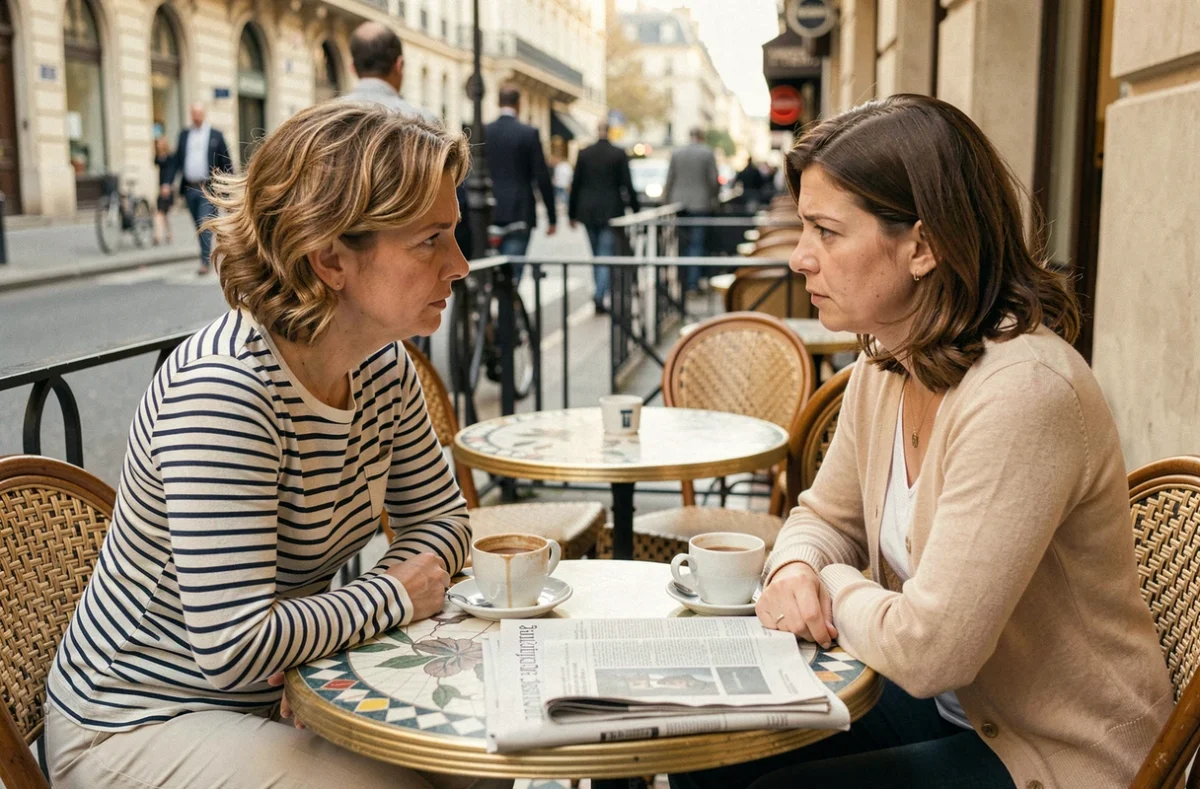 Deux femmes en discussion morale intense à une terrasse de café parisien, thèmes de choix et de dilemme éthique
