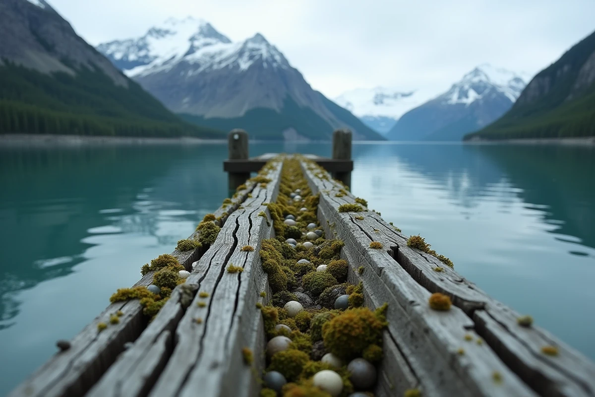 Pieux de dock en bois patiné dans la baie de Lituya avec versants montagneux portant la marque du tsunami cataclysmique de 1958