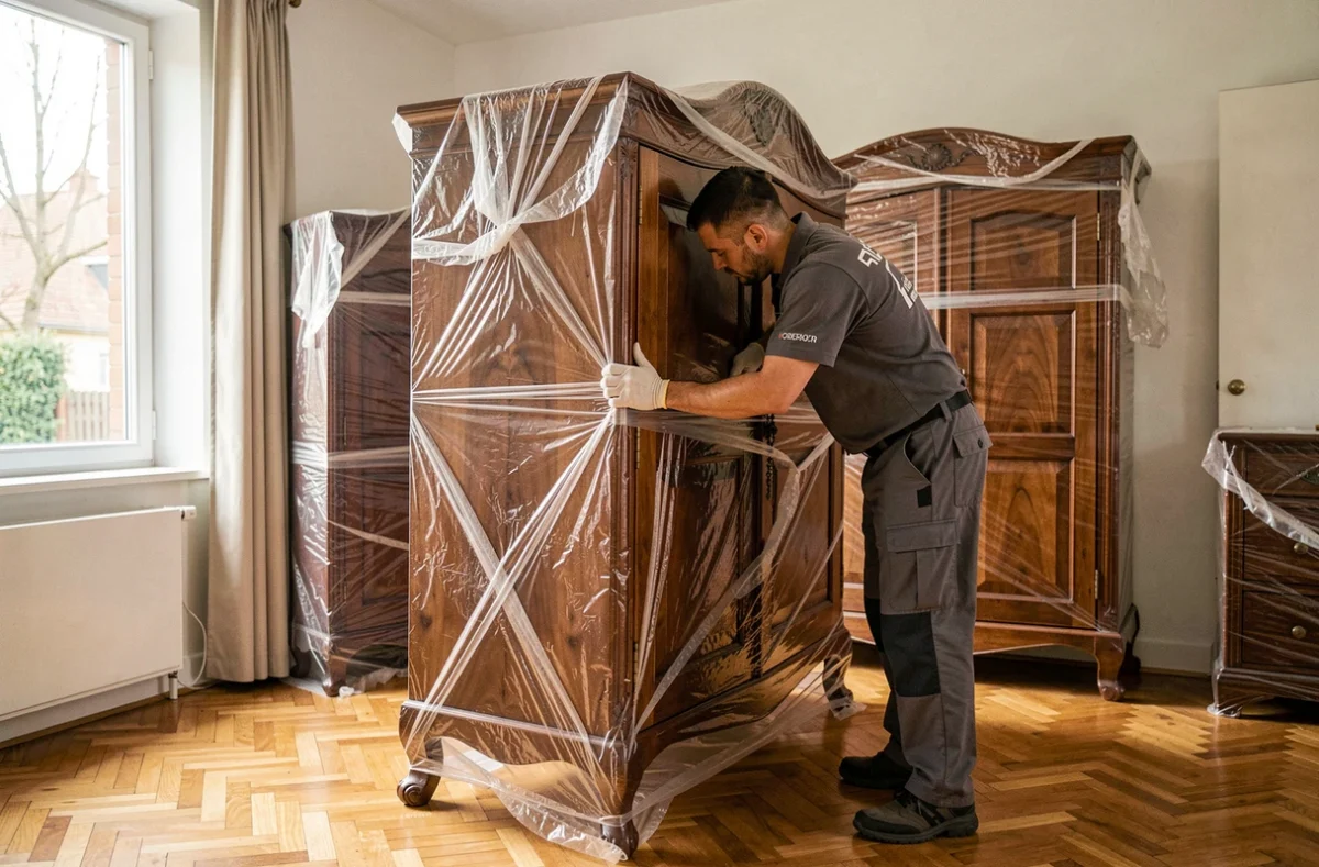 Déménageur Dolydem emballant une armoire ancienne dans un appartement français