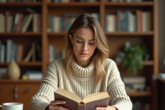 Femme tenant un livre broché fait maison dans un bureau chaleureux entouré de pages manuscrites et d'étagères remplies de livres