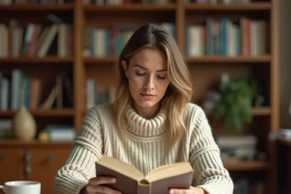 Femme tenant un livre broché fait maison dans un bureau chaleureux entouré de pages manuscrites et d'étagères remplies de livres